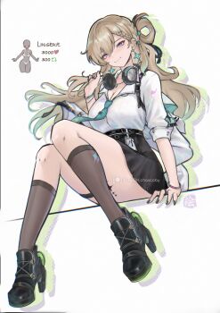 Rule 34 | 1girl, absurdres, arm support, artist name, black boots, black nails, black skirt, blonde hair, blue eyes, boots, braid, breasts, brown socks, chascoby, cleavage, closed mouth, commentary, drop shadow, earrings, hand up, headphones, headphones around neck, high heel boots, high heels, highres, jewelry, like and retweet, long hair, looking at viewer, lynae (wuthering waves), medium breasts, patreon logo, patreon username, shirt, sitting, skirt, smile, socks, solo, thigh strap, twitter strip game, white background, white shirt, wuthering waves