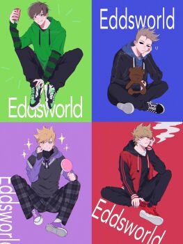 Rule 34 | 4boys, absurdres, adapted costume, alternate costume, animification, antenna hair, bad id, bad twitter id, bandage on cheek, bishounen, black hoodie, black jacket, black pants, black sweater, blue hoodie, blush, bonudun, brown hair, can, checkered shoes, cigar, coca-cola, commentary request, copyright name, drawstring, drink can, edd (eddsworld), eddsworld, film grain, full body, green eyes, green hoodie, grin, hair ears, hand on own cheek, hand on own face, hand up, head rest, highres, holding, holding cigar, holding mirror, holding stuffed toy, hollow eyes, hood, hood down, hoodie, indian style, jacket, layered sleeves, long sleeves, looking at viewer, male focus, matt (eddsworld), mirror, multicolored hoodie, multiple boys, open clothes, open jacket, orange hair, pants, plaid clothes, plaid pants, purple eyes, purple hoodie, purple shoes, red eyes, red hoodie, red shoes, shoe soles, shoes, short hair, short over long sleeves, short sleeves, signature, simple background, sitting, smile, smoking, sneakers, sparkle, spiked hair, striped sleeves, stuffed animal, stuffed toy, sweater, swept bangs, teddy bear, tied drawstring, tom (eddsworld), tomee bear (eddsworld), tord (eddsworld), turtleneck, turtleneck sweater