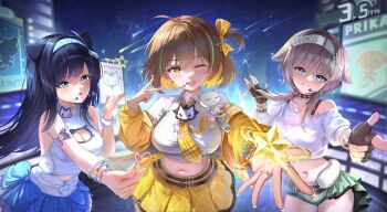 3girls anis_(nikke) anis_(star)_(t.t._star)_(nikke) baige black_hair blonde_hair blue_eyes blue_skirt breasts brown_eyes brown_hair cat_ear-shaped_hair cat_ornament commentary english_commentary fingerless_gloves gloves goddess_of_victory:_nikke green_eyes green_shorts grin hair_ears headset highres idol long_hair mint_(nikke) multiple_girls navel official_alternate_costume official_alternate_hairstyle one_eye_closed prika_(nikke) shirt short_hair short_side_ponytail shorts side_ponytail skirt smile white_shirt yellow_skirt