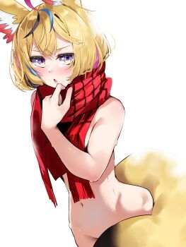 1girl absurdres animal_ears blonde_hair blue_streaks blush cowboy_shot fox_ears fox_girl fox_tail hand_up highres hololive jitome looking_at_viewer multicolored_hair naked_scarf navel nude omaru_polka pink_streaks purple_eyes red_scarf scarf simple_background solo standing streaked_hair tail tsushi virtual_youtuber white_background