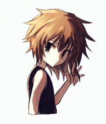 Rule 34 | 1other, androgynous, atoymk, brown eyes, brown hair, closed mouth, cropped torso, film grain, hair between eyes, hand in own hair, hand up, highres, kurohebi, len&#039;en, other focus, simple background, solo, tank top, upper body, white background, white tank top