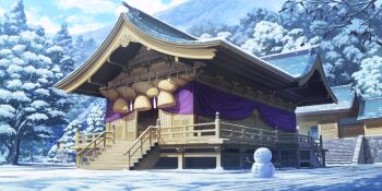 architecture artist_request blue_sky box cloud day donation_box east_asian_architecture forest game_cg highres moriya_shrine mountain nature no_humans official_art outdoors rope scenery shimenawa shrine sky smile snow snowman stairs third-party_source touhou touhou_lostword tree winter