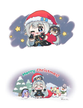 Rule 34 | 4girls, :3, :d, ;3, ;d, amber (stella sora), black dress, black gloves, black hair, blonde hair, blue eyes, blush, bucket, chibi, chibi only, christmas, closed mouth, commentary, doro (nikke), double-parted bangs, dress, english commentary, female tyrant (stella sora), full body, fur-trimmed headwear, fur trim, gloves, goddess of victory: nikke, grey hair, hand up, hat, highres, hue oo, iris (stella sora), long hair, looking at viewer, merry christmas, mini person, minigirl, mouth hold, multiple girls, noya (stella sora), one eye closed, open mouth, outdoors, pointy ears, purple hair, red hat, sack, santa hat, short hair, sleeveless, sleeveless dress, smile, snow, snowing, snowman, standing, star (symbol), stella sora, twitter username, tyrant (stella sora), v