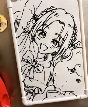 Rule 34 | 1girl, :d, arm up, bow, bowtie, braid, capelet, derivative work, fang, fur-trimmed capelet, fur trim, fuyu no okurimono (love live!), greyscale, highres, jin (oihlf), link! like! love live!, long hair, long sleeves, looking at viewer, love live!, monochrome, official alternate costume, open mouth, osawa rurino, parted bangs, photo (medium), side braids, smile, solo, stuffed animal, stuffed dog, stuffed toy, upper body, virtual youtuber, whiteboard (medium)