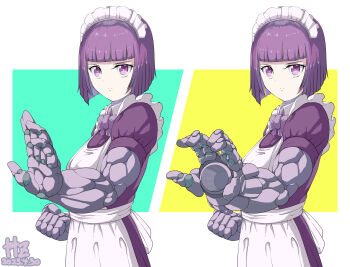 absurdres android apron blunt_bangs bob_cut clenched_hand cropped_legs fighting_stance highres joints maid mechabare mechanical_arms original purple_eyes purple_hair purple_shirt robot_joints science_fiction shirt short_hair simple_background ttz white_apron