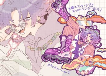 18trip 1boy adjusting_eyewear ahoge bowl braid chain chain_necklace chokki_01 coke-bottle_glasses commentary earrings full_body glasses grid_background headband heterochromia highres holding holding_bowl hood hoodie inline_skates jewelry leg_up long_sleeves looking_at_viewer male_focus multiple_views necklace open_mouth pants parted_bangs pink_pants pink_shirt purple_hair purple_hoodie roller_skates shirt skates smile striped_clothes striped_pants striped_shirt twin_braids upper_body vertical-striped_clothes vertical-striped_pants vertical-striped_shirt yowa_netaro