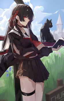 1girl absurdres arm_cutout black_choker black_hair black_shirt black_skirt blue_sky bright_pupils chisa_(wuthering_waves) choker clothing_cutout commentary crop_top day hair_ribbon highres long_hair long_sleeves looking_at_viewer midriff_peek neckerchief parted_lips red_eyes red_neckerchief red_ribbon ribbon sailor_collar sakasa._(sakasailst) shirt sideways_glance skirt sky solo thigh_strap thighs white_pupils white_sailor_collar wuthering_waves