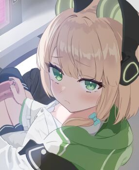 1girl animal_ear_headphones animal_ears aqua_bow backlighting black_shorts black_thighhighs blonde_hair blue_archive blunt_bangs blush bow breasts cat_ear_headphones cat_ears closed_mouth collared_shirt controller cowboy_shot downblouse dutch_angle fake_animal_ears foreshortening from_above frown furrowed_brow game_controller hair_bow headphones highres holding holding_controller holding_game_controller hood hood_down hooded_jacket indoors jacket long_sleeves looking_at_viewer medium_hair melani_e midori_(blue_archive) open_clothes open_jacket pov school_uniform shirt shorts sidelocks sitting small_breasts solo split_mouth sweatdrop thighhighs upturned_eyes white_shirt wide_sleeves zettai_ryouiki