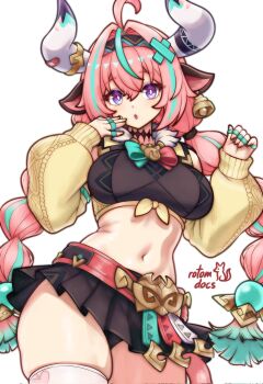 1girl ahoge animal_ears aqua_hair artist_name bandaid_on_horn belt black_skirt bow bowtie braid breasts bright_pupils commentary cow_ears cow_girl cow_horns cowboy_shot crop_top ear_bell english_commentary genshin_impact hair_between_eyes hair_ornament highres horns large_breasts long_hair long_sleeves looking_at_viewer midriff multicolored_hair navel parted_lips pink_belt pink_hair pleated_skirt purple_eyes rotomdocs simple_background skirt solo stomach streaked_hair thighhighs twin_braids two-tone_bow two-tone_bowtie varesa_(genshin_impact) white_background white_horns white_pupils white_thighhighs x_hair_ornament yellow_sleeves