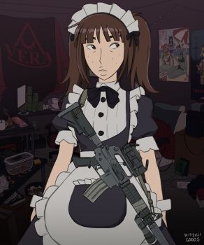 Rule 34 | 1girl, absurdres, acog, alternate costume, artist name, assault rifle, black eyes, brown hair, commentary, english commentary, enmaided, eyebrows hidden by hair, flashlight, freckles, gun, gun sling, highres, hitsuji (hitsujigoods), kara eklund, looking to the side, m4 carbine, maid, maid headdress, neet girl date night, poster (object), puffy short sleeves, puffy sleeves, rifle, scope, short sleeves, signature, solo, suppressor, table, twintails, weapon, wrist cuffs