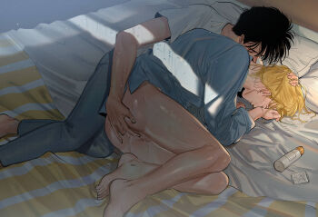 2boys absurdres ash_lynx banana_fish bed bed_sheet bishounen black_hair blonde_hair blue_shirt bottomless caressing_testicles condom condom_wrapper crying fetal_position highres imminent_anal imminent_fingering imminent_penetration kiss kissing_neck koyasuyasuko12 lube lying multiple_boys okumura_eiji on_side pants pillow shirt short_hair t-shirt testicles toe_scrunch white_shirt window_shadow yaoi