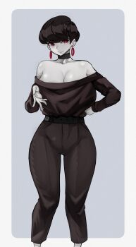 1girl absurdres bare_shoulders belt black_belt black_choker black_hair black_pants black_sweater blush border borrowed_character breasts choker cleavage closed_mouth collarbone colored_skin commentary earrings english_commentary feet_out_of_frame gift_art grey_background grey_skin hand_on_own_hip hand_up highres hoop_earrings jewelry kobi420 large_breasts looking_at_viewer mischa_(hayabusart) original pants purple_eyes short_hair simple_background smile solo standing strapless sweater white_border