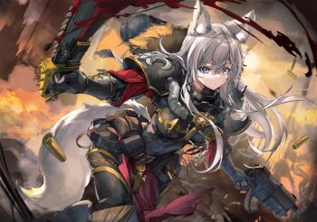 1girl adepta_sororitas ammunition animal_ears armor black_armor blood blue_eyes casing_ejection chainsaw closed_mouth commentary_request dot_mouth explosion feet_out_of_frame fighting fleur-de-lis fox_ears fox_tail grey_hair gun handgun_cartridge highres holding holding_chainsaw holding_gun holding_sword holding_weapon long_hair looking_at_viewer orange_sky original outdoors pauldrons sample_watermark shell_casing shoulder_armor sky solo submachine_gun sword tail warhammer_40k watermark weapon xun_li_eins