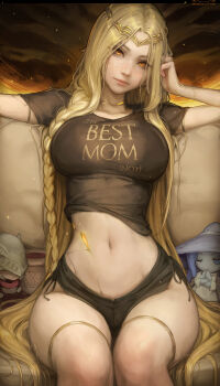 1girl artist_name blonde_hair braid breasts character_doll circlet clothes_writing commentary cracked_skin crop_top doll elden_ring english_commentary english_text head_tilt highres kittew large_breasts looking_at_viewer malenia_blade_of_miquella mature_female patreon_username queen_marika_the_eternal ranni_the_witch short_shorts shorts sitting solo thighs