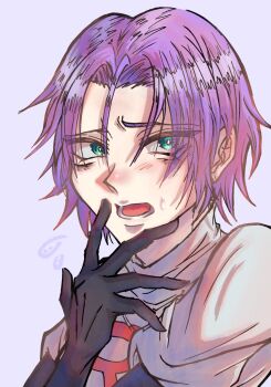 1boy black_gloves blush commentary_request gloves green_eyes highres irymz2ccel85180 james_(pokemon) looking_at_viewer male_focus nintendo open_mouth pokemon pokemon_(anime) pokemon_(classic_anime) purple_background purple_hair team_rocket team_rocket_uniform worried