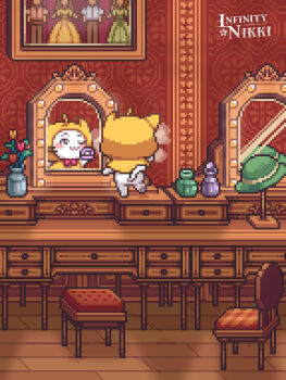 Rule 34 | ;3, ahoge, animal, animal focus, applying makeup, applying own makeup, artist request, black eyes, blush stickers, bow, bowtie, cat, chair, cloak, closed mouth, clothed animal, copyright name, drawer, dressing room, ear covers, flower, from behind, gina (infinity nikki), happy, hat, highres, holding, hood, hood up, hooded cloak, indoors, infinity nikki, jacob (infinity nikki), leg up, logo, melissa (infinity nikki), mirror, momo (nikki), nikki (series), no humans, official art, one eye closed, orange flower, photo (object), picture frame, pixel art, powder puff, red bow, red bowtie, red flower, reflection, renita (infinity nikki), second-party source, shadow, smile, standing, stool, traditional bowtie, tulip, unworn hat, unworn headwear, vase, whiskers, white cat, yellow cloak, yellow flower