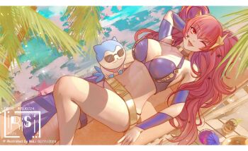 1girl arm_behind_head beach bikini breasts chair cleavage facial_mark fire_emblem fire_emblem_engage glass irisli0224 large_breasts long_hair looking_at_viewer lounge_chair lying midriff navel nintendo official_alternate_costume on_back one_eye_closed outdoors palm_tree red_eyes red_hair sommie_(fire_emblem) star_(symbol) sunglasses swimsuit tongue tongue_out tree twintails yunaka_(fire_emblem)