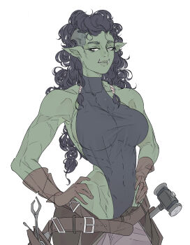 1girl absurdres bare_shoulders belt black_hair black_leotard boots breasts brown_gloves cleavage closed_mouth colored_skin commentary covered_collarbone covered_navel cowboy_shot dungeons_&amp;_dragons elliemaplefox english_commentary fangs female_orc gloves green_skin grey_belt grey_boots grey_pants hair_ornament hair_scrunchie hammer hands_on_own_hips highleg highleg_leotard highres large_breasts leotard lips long_hair looking_at_viewer orc original pants pointy_ears scrunchie sideboob sidelocks simple_background solo thigh_boots toned toned_female tool_belt tools undercut white_background white_eyes