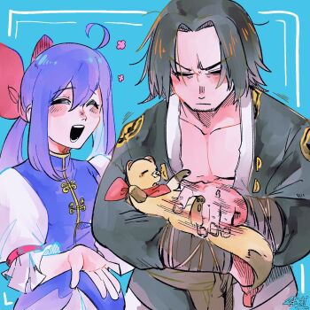 1boy 1girl ahoge animal belly_rub black_hair blue_background blue_hair blush brother_and_sister chinese_clothes closed_mouth fatal_fury fatal_fury:_city_of_the_wolves ferret futaba_hotaru gato_(snk) hair_between_eyes hair_ribbon highres holding holding_animal itokatsu_(garou) long_hair open_mouth pectoral_cleavage pectorals ponytail puffy_short_sleeves puffy_sleeves red_ribbon ribbon rkrk_rkgk short_sleeves siblings simple_background smile