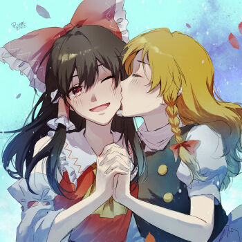2girls aihara-rina ascot black_vest blonde_hair blush bow braid brown_hair chinese_commentary closed_eyes commentary_request dated detached_sleeves frilled_bow frilled_hair_tubes frills hair_bow hair_tubes hakurei_reimu highres holding_hands interlocked_fingers kirisame_marisa kiss kissing_cheek long_hair multiple_girls one_eye_closed open_mouth puffy_short_sleeves puffy_sleeves red_bow red_eyes ribbon-trimmed_sleeves ribbon_trim short_sleeves side_braid signature single_braid smile touhou vest yellow_ascot yuri