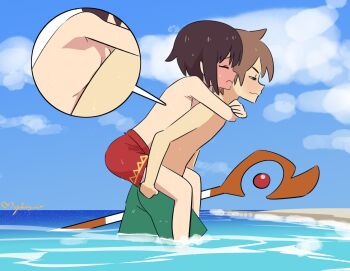 1boy 1girl beach blue_sky breast_press brown_hair carrying carrying_person closed_eyes closed_mouth day embarrassed flat_chest green_male_swimwear green_swim_trunks kono_subarashii_sekai_ni_shukufuku_wo! maho_malice male_swimwear male_swimwear_challenge medium_hair megumin nipples outdoors red_eyes red_male_swimwear red_swim_trunks sand satou_kazuma sky source_request swim_trunks swimsuit topless_female wet