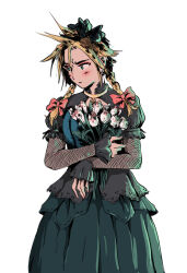 Rule 34 | 1boy, black hair, blonde hair, blush, bouquet, bow, braid, chlowski, cloud strife, dress, ear piercing, embarrassed, final fantasy, final fantasy vii, final fantasy vii remake, fishnet armwear, flower, green eyes, grey dress, hair bow, highres, holding, holding bouquet, looking to the side, male focus, multicolored hair, official alternate costume, official alternate hairstyle, piercing, puffy short sleeves, puffy sleeves, red bow, short sleeves, simple background, standing, twin braids, two-tone hair, white background