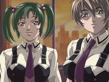 00s 2002 2girls animated animated_gif bible_black bible_black_gaiden bow bowtie breasts brown_hair green_eyes green_hair large_breasts morita_rie multiple_girls necktie school_uniform shido_saki shirt short_hair smile sunset tagme tongue tongue_out twintails white_shirt