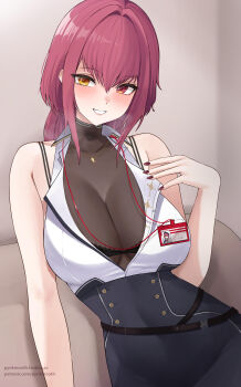 1girl :d absurdres black_skirt bodystocking breasts buttons collared_shirt commentary covered_navel double-breasted grin hand_up heart heart_necklace heterochromia high-waist_skirt highres hololive houshou_marine houshou_marine_(businesswoman) id_card indoors jewelry lanyard large_breasts long_hair looking_at_viewer miniskirt necklace official_alternate_costume open_mouth partially_unbuttoned pynkmouth red_eyes red_hair see-through_cleavage see-through_clothes shirt skirt sleeveless sleeveless_shirt smile solo virtual_youtuber white_shirt yellow_eyes