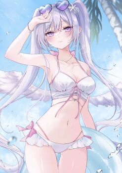 1girl absurdres arm_up armpits bare_shoulders beach bikini blue_sky blush bow bow_bikini bracelet breasts chain chain_bracelet cleavage closed_mouth coconut_tree collarbone commentary day eyewear_on_head floating_hair frilled_bikini frills front-tie_bikini_top front-tie_top gradient-tinted_eyewear gradient_eyes hair_between_eyes hair_ornament halterneck head_tilt heart heart-shaped_eyewear highres holding holding_swim_ring innertube jewelry klee-on looking_at_viewer medium_breasts multi-strapped_bikini_bottom multicolored_eyes navel original outdoors palm_tree pink_bow pink_trim purple_eyes sky smile solo standing star_(symbol) stomach sunlight swim_ring swimsuit thighs tinted_eyewear tree twintails water water_drop wet white_bikini white_hair white_wings wings