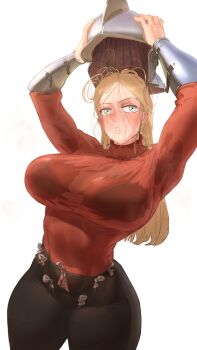 absurdres blonde_hair blue_eyes blush bra bracer breasts helmet highres hilling_(ousama_ranking) large_breasts long_hair messy_hair ousama_ranking see-through_clothes simple_background sweat underwear wass_nonnam wet wet_clothes white_background wide_hips