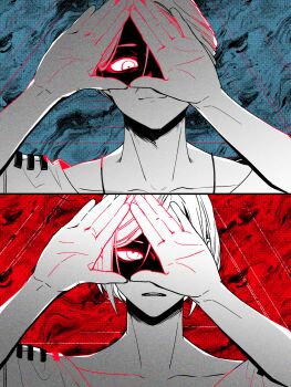 1boy 1girl b1ue_e4rth blue_background closed_mouth eye_of_providence greyscale_with_colored_background hands_up highres kisaragi_ayumi looking_at_viewer looking_through_fingers meguriya_ayumu open_hands open_mouth protected_link red_background shirt short_hair smile split_screen split_theme spoilers toshi_densetsu_kaitai_center triangle_hands upper_body