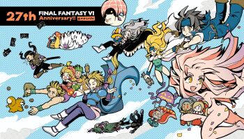 4girls 6+girls animal anniversary armor black_hair black_pants black_shirt blonde_hair blue_armor blue_cape blue_headband blue_pants blue_sky blue_vest boned_meat boots breasts brown_boots brown_eyes cape celes_chere closed_eyes colored_skin commentary_request confetti creature crossed_arms cup cyan_garamonde dog drawing_sword edgar_roni_figaro facial_hair falling fangs final_fantasy final_fantasy_vi fish food gau gogo green_hair green_leotard grey_hair hat headband highres holding holding_animal holding_cup holding_fish holding_hands holding_sword holding_weapon interceptor_(ff6) leotard locke_cole low_ponytail madeline_(ff6) maduin_(ff6) male_focus meat medium_breasts miri_(mirik) moogle multi-tied_hair multiple_girls mustache old old_man open_mouth pants parachute pink_hair pink_skin pointy_ears ponytail purple_shirt rabbit red_eyes red_hat red_pants relm_arrowny sabin_rene_figaro scar scar_across_eye scar_on_face setzer_gabbiani shadow_(ff6) shirt short_hair shoulder_armor sky smile sparkle spilling squirrel strago_magus strapless sword trance_terra_branford tube_top twitter_username ultros umaro vest weapon white_boots white_cape yellow_eyes yellow_hat yeti_(creature)