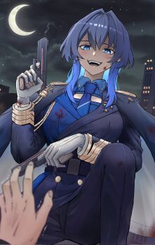 1girl 1other belt blood blood_on_clothes blood_on_face blood_on_hand blue_eyes blue_hair blue_necktie blue_pants blue_shirt chain chain_earrings coat coat_on_shoulders commentary crescent_moon desert_eagle dual_wielding earrings english_commentary evil_smile gloves gold_trim gun handgun highres holding holding_gun holding_weapon hololive hololive_english ichiyaichimaru jellyfish_cut jewelry kneeling looking_at_viewer military_uniform moon necktie night ouro_kronii ouro_kronii_(4th_costume) pants ribbon_bar shirt smile smoke smoking_barrel teeth two-sided_coat two-sided_fabric virtual_youtuber weapon