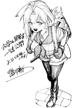 1girl ahoge backpack bag commentary_request curtained_hair folded_ponytail full_body gloves greyscale hatching_(texture) highres holding_strap jazz_(fukukan) linear_hatching looking_at_viewer medium_hair monochrome okaasan_boukensha_login_bonus_de_skill_&quot;shufu&quot;_ni_mezamemashita._shuuichi_moraeru_chirashi_de_boukensha_seikatsu_ganbarimasu! open_mouth pantyhose shoes short_shorts shorts signature simple_background sketch smile solo tareme translation_request walking white_background