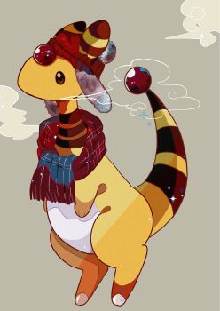 ampharos beanie blue_scarf ears_through_headwear forehead_jewel full_body gen_2_pokemon hat highres mendako_(tyatyaumai29) nintendo no_humans pokemon pokemon_(creature) pokemon_focus red_scarf scarf solo tail winter_clothes