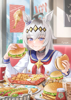 1girl :t absurdres ahoge animal_ears blue_eyes blue_sailor_collar blush burger commentary cup diamond_(shape) disposable_cup drinking_glass drinking_straw eating fast_food food food_on_face food_wrapper french_fries grey_hair hairband highres holding holding_burger holding_food horse_ears horse_girl ketchup_bottle long_hair long_sleeves looking_at_viewer neckerchief oguri_cap_(starlight_beat)_(umamusume) oguri_cap_(umamusume) red_neckerchief sailor_collar solo umamusume washout008