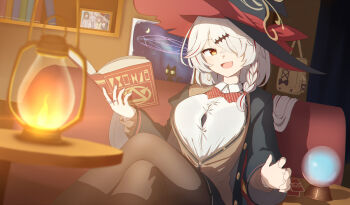 1girl bag black_hat black_jacket black_pantyhose black_skirt blue_archive blurry book bookshelf bow bowtie braid breasts button_gap collared_shirt commentary_request couch crossed_bangs crossed_legs crystal_ball curtains depth_of_field diagonal-striped_bow diagonal-striped_bowtie diagonal-striped_clothes dutch_angle eri_(blue_archive) gold_trim hair_over_one_eye halo hamachikichiki hand_up hat hat_ribbon head_tilt highres holding holding_book indoors jacket kanoe_(blue_archive) lamp large_breasts long_hair long_sleeves looking_at_viewer multicolored_hair oil_lamp on_couch open_book open_clothes open_jacket open_mouth pantyhose picture_frame pleated_skirt red_bow red_bowtie red_ribbon red_streaks red_trim rena_(blue_archive) ribbon shirt side_halo single_braid sitting skirt smile solo streaked_hair striped_bow striped_bowtie striped_clothes table thighs tsumugi_(blue_archive) two-sided_fabric two-sided_headwear unbuttoned_jacket very_long_hair white_hair white_shirt witch witch_hat yellow_halo