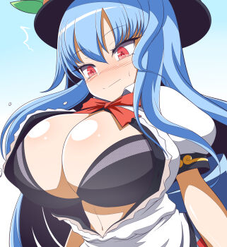 1girl black_hat blue_background blue_hair blush breasts bursting_breasts closed_mouth commentary flying_button gero_zoukin gradient_background hat highres hinanawi_tenshi long_hair looking_at_breasts navel red_eyes short_sleeves solo touhou upper_body