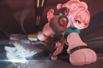 1girl absurdres ahoge animal_ear_fluff animal_ear_piercing animal_ears braid bright_pupils co1umbine_dev commentary_request furry furry_female hair_ornament highres long_hair pink_fur pink_hair rabbit_ears rabbit_girl red_eyes shirt short_eyebrows solo thick_eyebrows twin_braids white_pupils zenless_zone_zero zhao_(zenless_zone_zero)