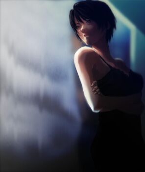 1girl bare_shoulders black_hair black_nightgown breasts closed_mouth crossed_arms fatal_frame fatal_frame_iii:_the_tormented gauss_&lt;bokashi kurosawa_rei lips looking_to_the_side nightgown rain short_hair solo