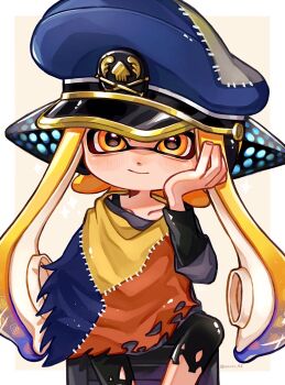 1girl agent_3_(splatoon) aoaza_83 artist_name behind-the-head_headphones black_leggings black_shirt blonde_hair blue_hat border captain_3_(splatoon) closed_mouth collarbone commentary_request gradient_hair grey_shirt hand_on_own_cheek hand_on_own_face hat head_rest headphones highres inkling large_hat layered_sleeves leggings long_hair long_sleeves multicolored_hair nintendo patchwork_clothes peaked_cap purple_hair shirt short_over_long_sleeves short_sleeves sitting smile solo splatoon_(series) splatoon_3 suction_cups tentacle_hair torn_clothes torn_leggings twintails two-tone_hair white_border yellow_background yellow_eyes