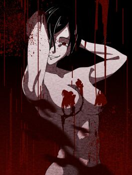 1girl arms_behind_head black_clover black_hair blood blood_drip blood_on_breasts blood_splatter breasts convenient_censoring crazy creepy curvy female_focus grin highres kara_arts large_breasts looking_at_viewer navel no_bra no_panties nude red_eyes short_hair smile stomach teeth topless_female vanica_zogratis