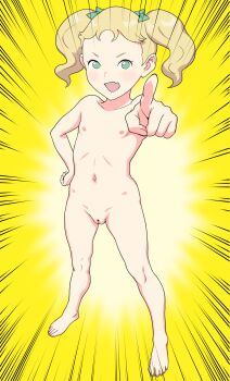 >:) 1girl barefoot blonde_hair blue_eyes blush bow cleft_of_venus commentary completely_nude emphasis_lines eyelashes fang female_focus flat_chest foreshortening full_body groin hair_bow highres hyacinth_(takatoku_sora) knees loli looking_at_viewer motion_lines narrow_waist navel nipples nude open_mouth original petite fat_mons pointing pointing_at_viewer pussy skin_fang skinny solo standing takatou_sora thighs toes twintails v-shaped_eyebrows