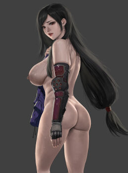 1girl absurdres arm_guards ass black_gloves black_hair breasts elbow_gloves final_fantasy final_fantasy_vii fingerless_gloves gloves grey_background highres jeneral large_breasts long_hair looking_at_viewer looking_back nipples nude red_eyes solo thighs tifa_lockhart
