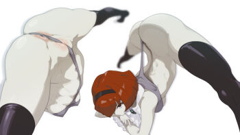 1girl android anus black_eyes black_hairband black_thighhighs blurry cleft_of_venus covered_erect_nipples crotch_strap hairband highres jack-o'_challenge looking_at_viewer navel pale_skin pussy r_dorothy_wayneright red_hair short_hair skindentation solo spread_legs tetsuwan_woopie the_big_o thighhighs wedgie