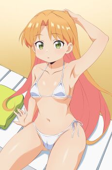 1girl absurdres arm_up beach bikini breasts collarbone commentary green_eyes highres kiniro_tofu light_blush long_hair navel orange_hair outdoors ruri_no_houseki side-tie_bikini_bottom sitting small_breasts solo swimsuit tanigawa_ruri thighs white_bikini