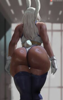 1girl animal_ears ass ass_focus bare_shoulders boku_no_hero_academia breasts clothing_cutout commentary corrupted_twitter_file dark-skinned_female dark_skin english_commentary facing_away from_behind fur_collar gloves highleg highleg_leotard highres indoors large_breasts leotard long_hair mirko oroborus patreon_username purple_thighhighs rabbit_ears rabbit_girl rabbit_tail skindentation solo steaming_body tail tail_through_clothes taut_leotard thick_thighs thigh_gap thighhighs thighs toned toned_female very_long_hair white_gloves white_hair white_leotard