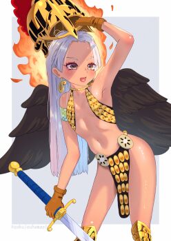 1girl absurdres arm_up armor armpits bikini_armor black_wings blood breasts brown_gloves cosplay dark-skinned_female dark_skin fire gloves gold_helmet green_blood grey_hair hamaeru highres holding holding_sword holding_weapon loli long_hair navel one_piece open_mouth pelvic_curtain rebecca_(one_piece) rebecca_(one_piece)_(cosplay) s-snake small_breasts solo star-shaped_pupils star_(symbol) stomach sword symbol-shaped_pupils weapon wings yellow_eyes