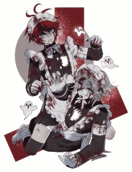 2boys absurdres ahoge alternate_costume aotsuki_eito apron armband black_gloves black_jacket black_skirt black_thighhighs blood blood_from_mouth blood_on_clothes blood_on_face bow bowtie boy_on_top chinese_commentary commentary_request crossdressing crossdressing_(mtf) empty_eyes enmaided eyeliner frills gakuran ghost glasses gloves grey_hair halloween highres jacket last_defense_academy_school_uniform long_sleeves looking_at_viewer maid maid_apron maid_headdress makeup male_focus male_maid multicolored_hair multiple_boys neck_ribbon no_pupils outstretched_arm reaching reaching_towards_viewer red_eyeliner red_hair ribbon school_uniform short_hair skirt straddling streaked_hair sumino_takumi syuu_1125 the_hundred_line_-last_defense_academy- thigh_strap thighhighs white_apron white_armband white_bow white_bowtie white_gloves white_ribbon zombie