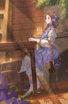 1girl :o absurdly_long_hair ankle_flower ankle_ribbon barrel book bookshelf braid brown_hair candle candlestand choker clematia_(shining_nikki) clematis_(flower) coal_chimera_(creature)_(shining_nikki) commentary_request dress eyelashes fireplace flower frilled_choker frilled_sleeves frills from_side full_body gold_tiara hair_flower hair_flowing_over hair_ornament hair_over_shoulder high_heels highres holding holding_pen indoors inkwell kohanai_setsuna lace_ribbon layered_dress layered_sleeves leg_ribbon light_particles light_rays long_dress long_hair long_sleeves nikki_(series) on_stool paper parted_lips pen puffy_long_sleeves puffy_short_sleeves puffy_sleeves purple_choker purple_dress purple_eyes purple_flower purple_shoes ribbon shade shining_nikki shoes short_over_long_sleeves short_sleeves single_braid sitting solo stool table thinking very_long_hair white_dress white_ribbon wooden_floor writing